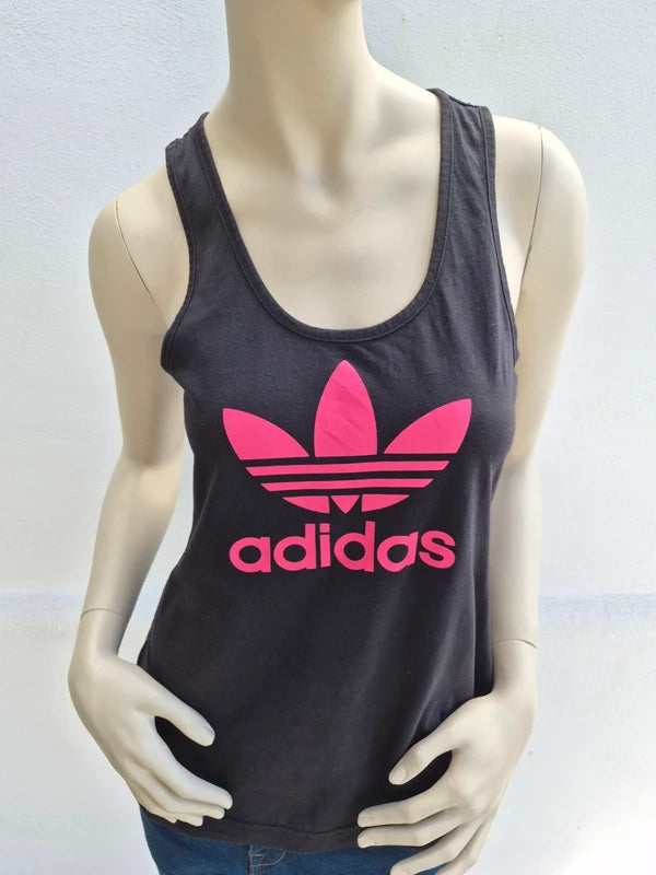 adidas Originals Damen Trefoil Racerback Tank Top in Schwarz/Pink – Gr. S (UK 10)